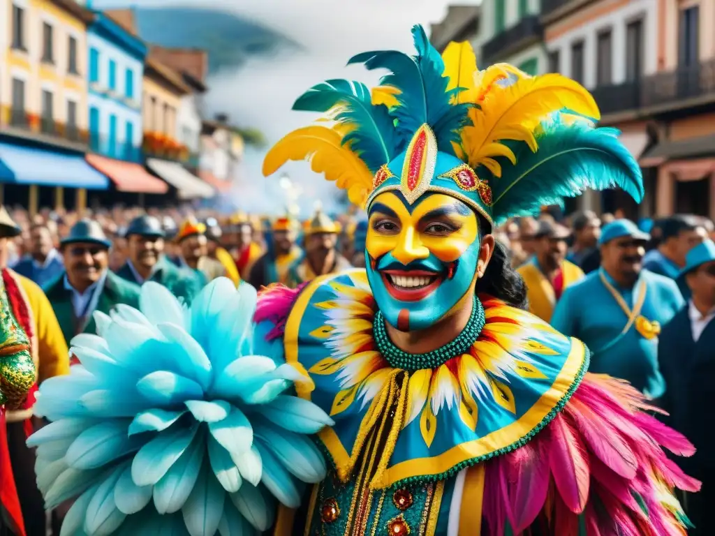 Vibrante pintura acuarela del Carnaval Uruguayo, historia arte en un desfile lleno de color y alegría