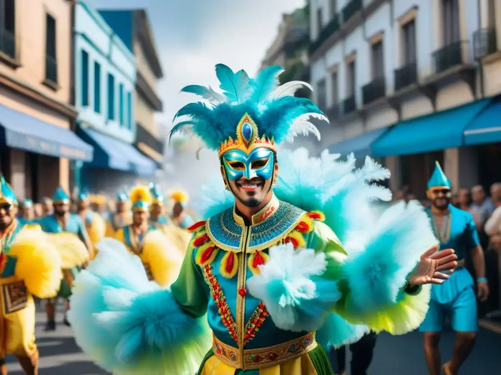 Vibrante pintura acuarela del Carnaval en Uruguay con coloridos trajes y desfiles festivos