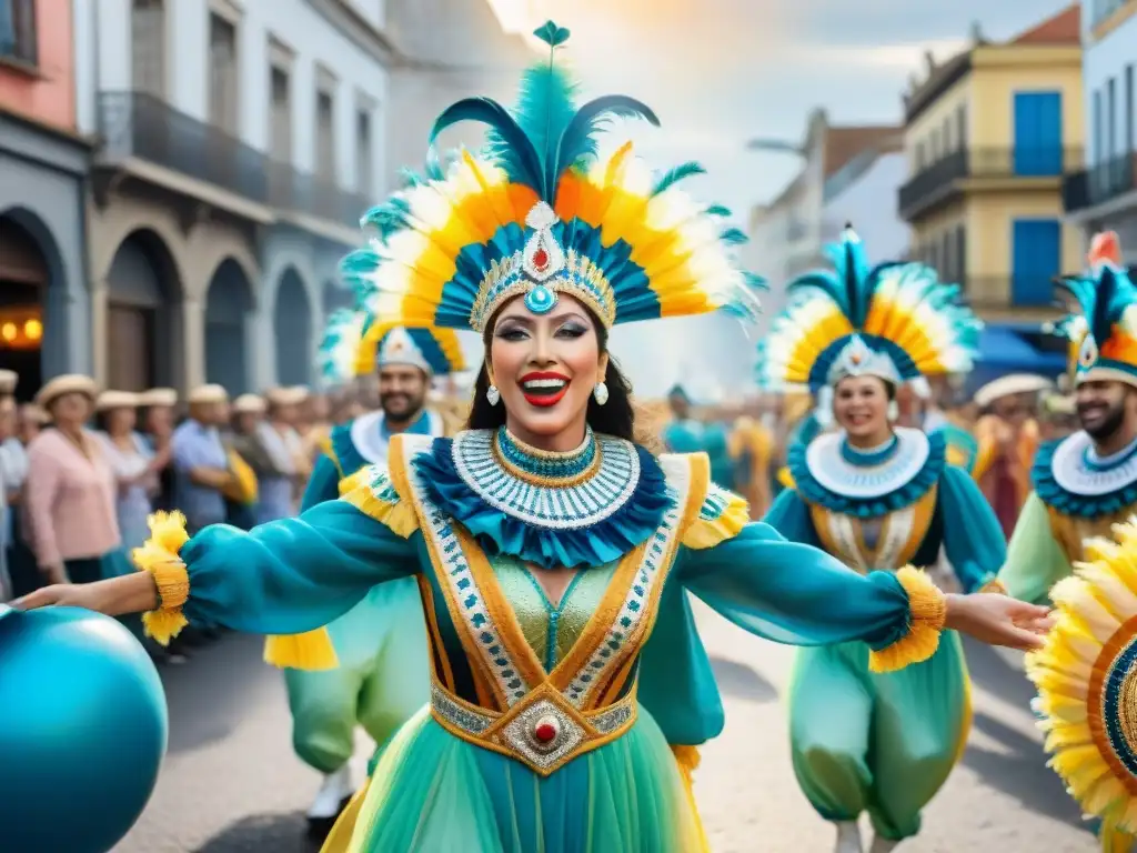 Vibrante pintura acuarela del Carnaval Uruguayo, con desfiles coloridos y espectadores animados