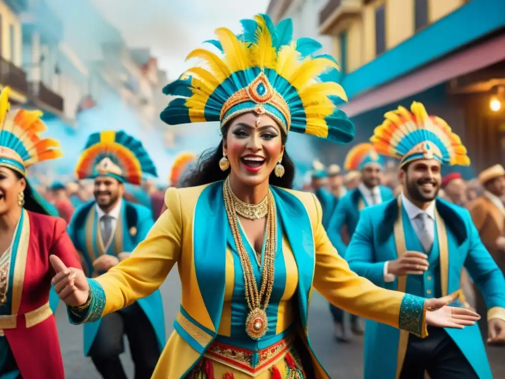 Vibrante pintura acuarela del Carnaval Uruguayo, un fenómeno global de celebración y color