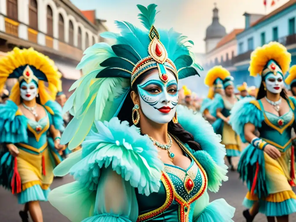 Vibrante pintura acuarela del Carnaval Uruguayo con bailarines, músicos y coloridos carros alegóricos