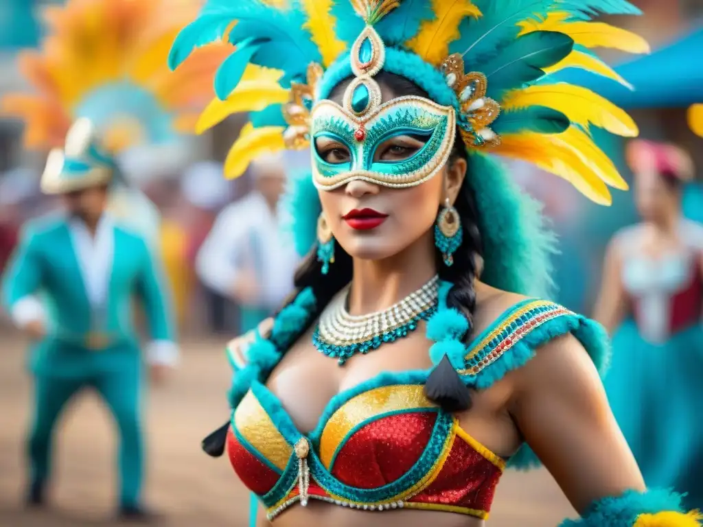 Una vibrante pintura acuarela de una colección de trajes de carnaval uruguayo, con detalles coloridos y festiva atmósfera