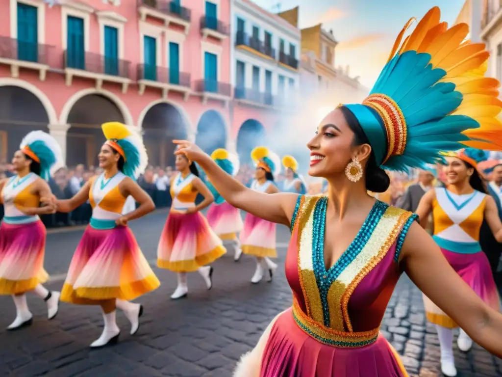 Una vibrante pintura acuarela que retrata un colorido desfile de bailarines de comparsas uruguayas