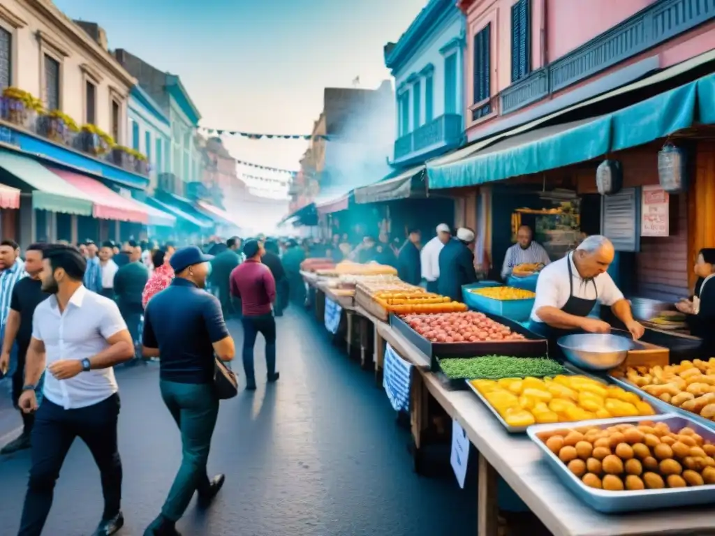 Vibrante pintura acuarela de la gastronomía carnavalesca Uruguay: coloridos puestos de comida en la bulliciosa calle de Montevideo