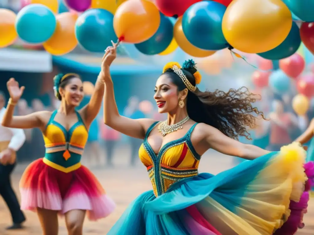 Vibrante pintura acuarela de danza tradicional uruguaya en carnaval