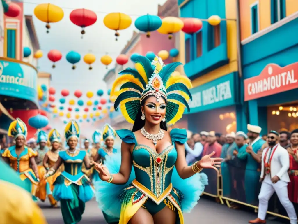 Vibrante pintura acuarela de desfile de Carnaval con artistas en trajes elaborados y música rítmica