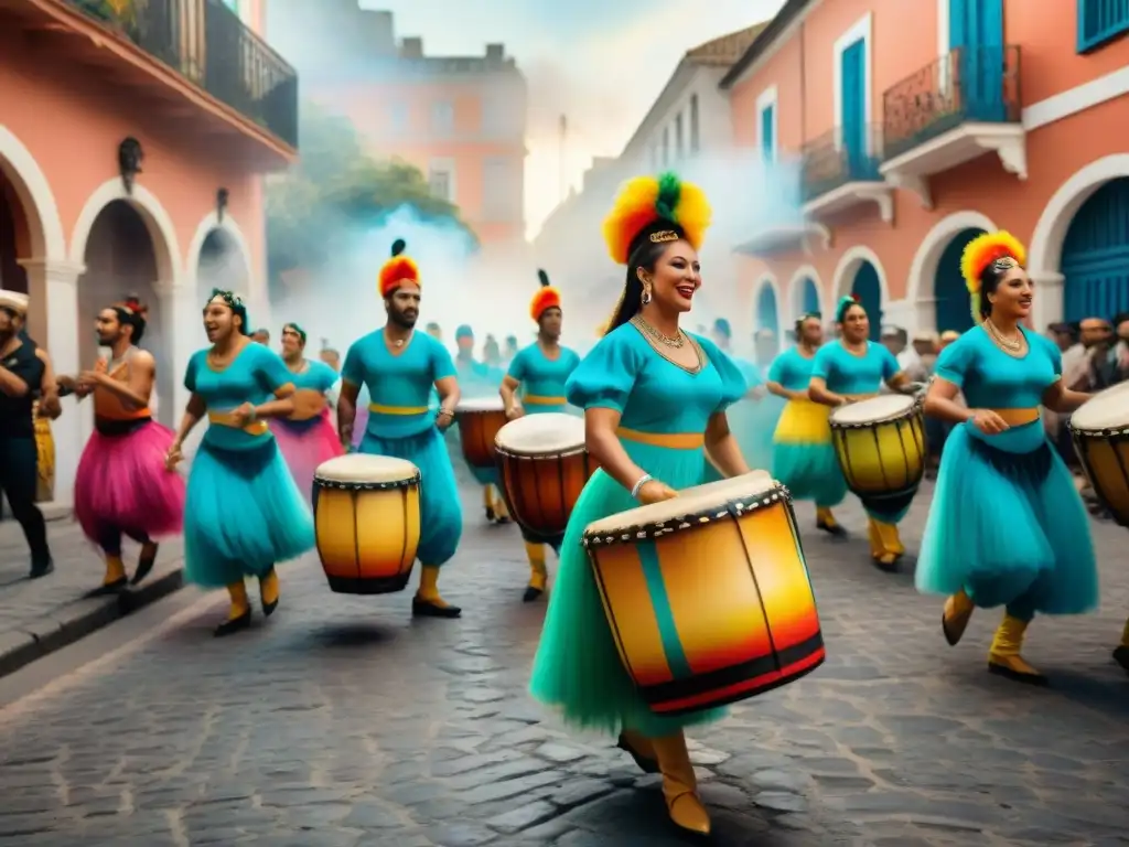 Vibrante pintura acuarela de desfile de Candombe en Uruguay, con músicos y bailarines en trajes coloridos, en las calles históricas