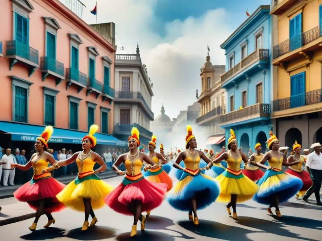 Una vibrante pintura acuarela del desfile de Candombe en Montevideo, Uruguay