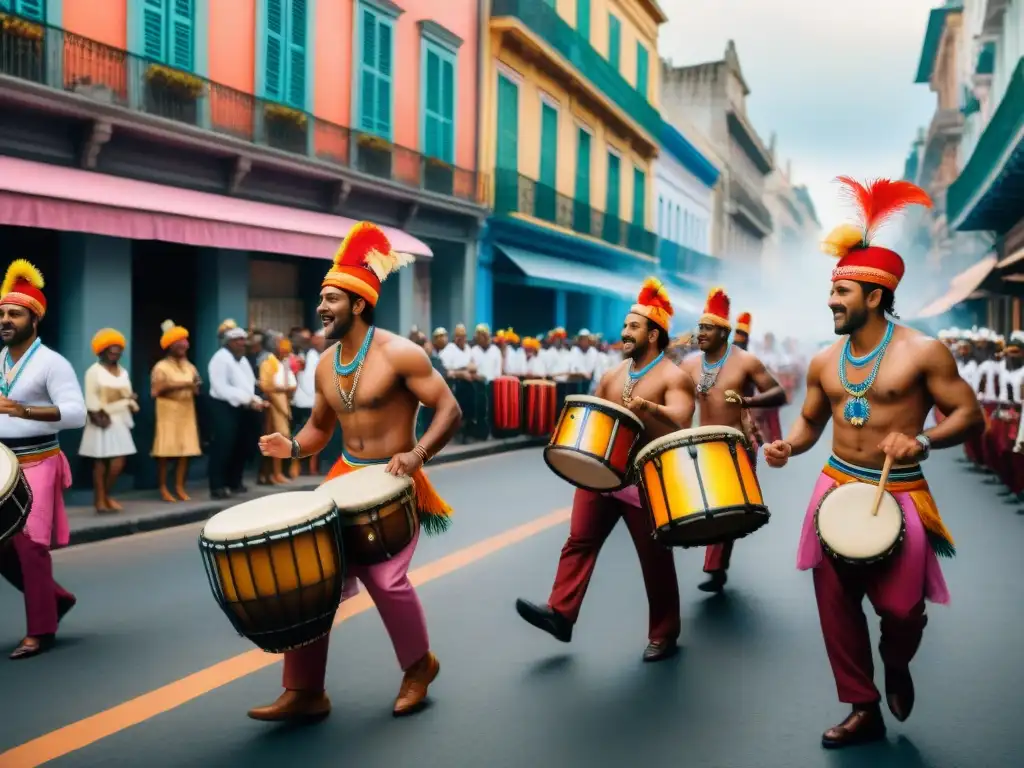 Una vibrante pintura acuarela del desfile del Candombe en Montevideo, Uruguay