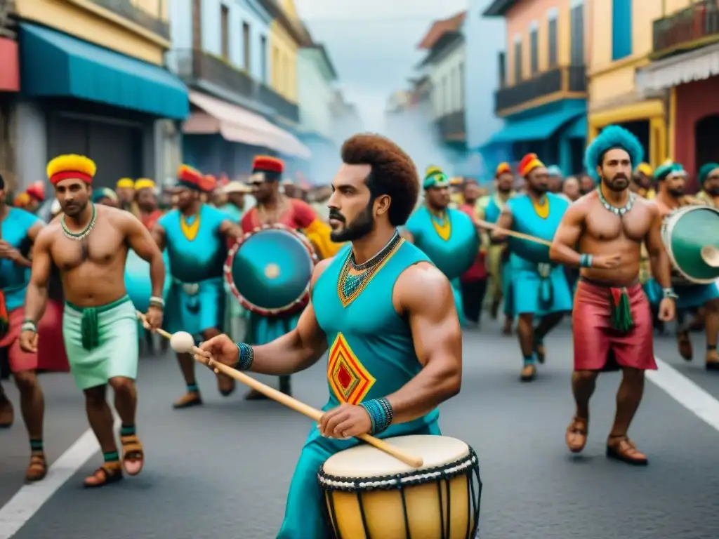 Una vibrante pintura acuarela de un desfile de Candombe en Uruguay