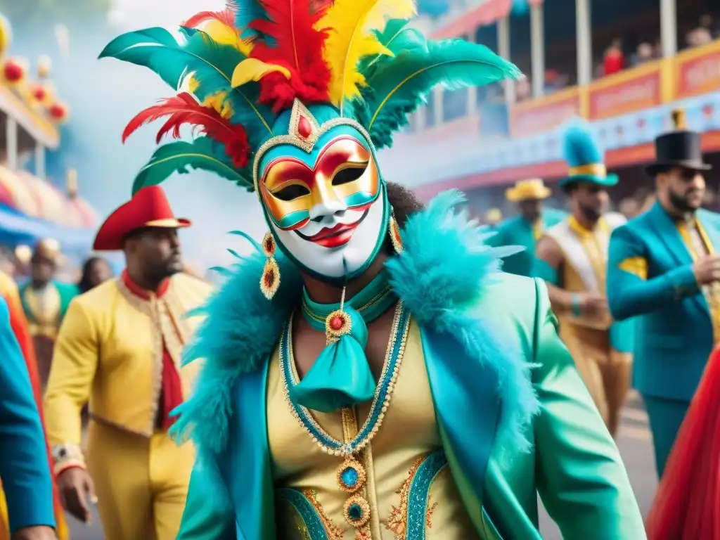 Una vibrante pintura acuarela del desfile del carnaval, con trajes elaborados, máscaras coloridas y bailarines energéticos al ritmo de la música