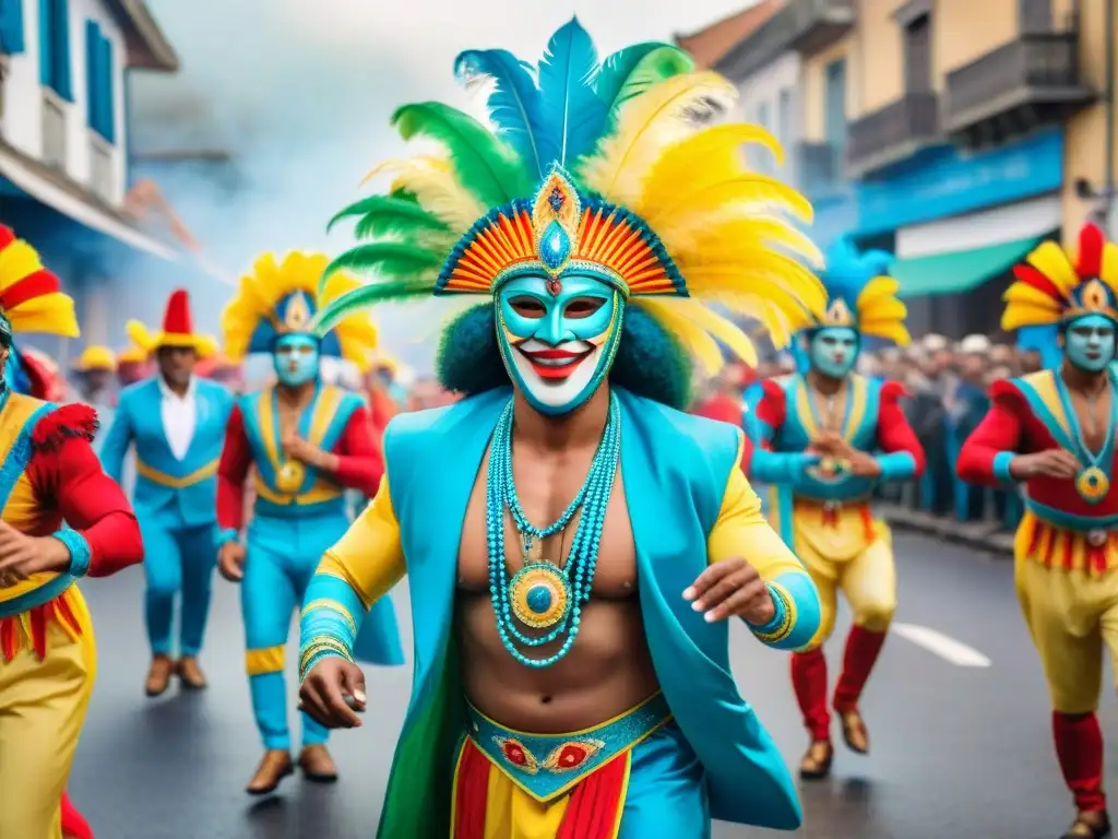 Vibrante pintura acuarela: desfile de Carnaval en Uruguay con coloridos trajes y música tradicional