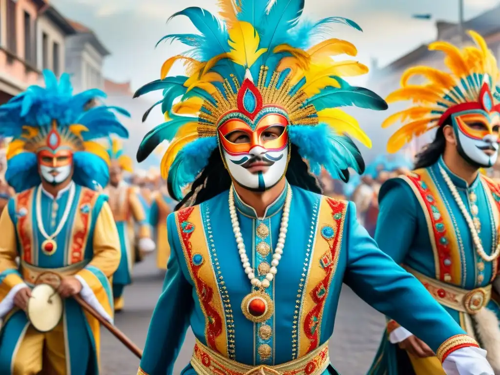 Una vibrante pintura acuarela de un desfile de carnaval uruguayo con comparsas en transformación