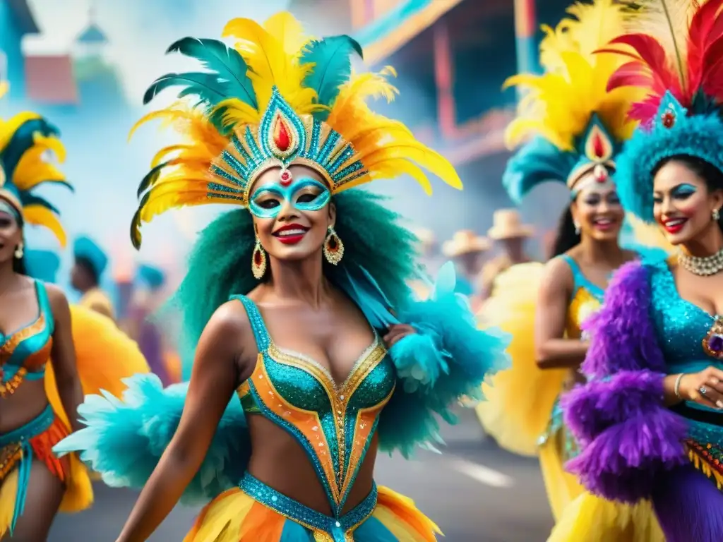 Una vibrante pintura acuarela de un desfile de Carnaval con danzantes en trajes elaborados