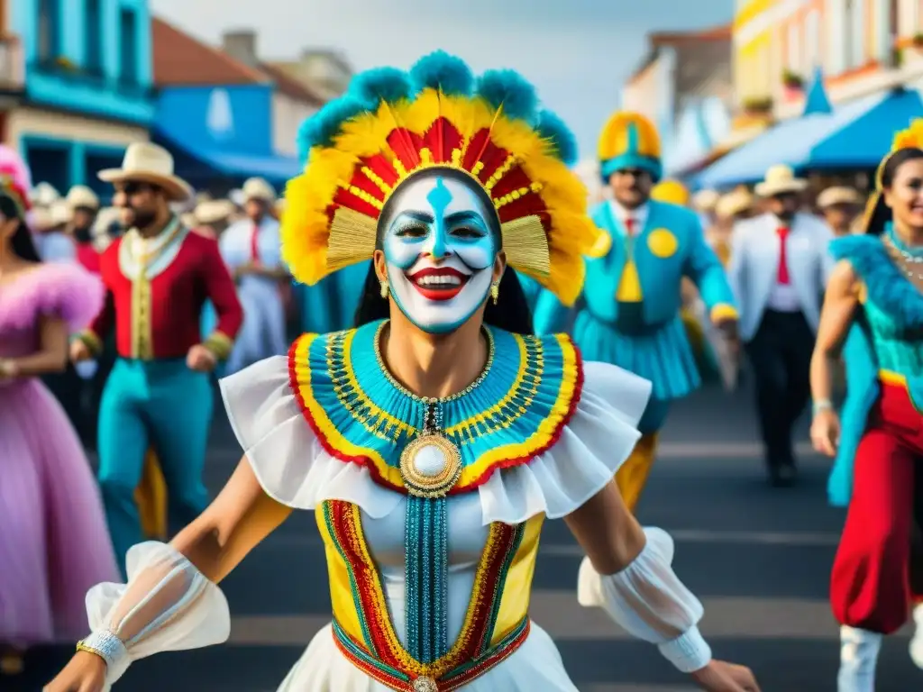 Vibrante pintura acuarela de un desfile de carnaval en Uruguay, con comparsas en trajes coloridos