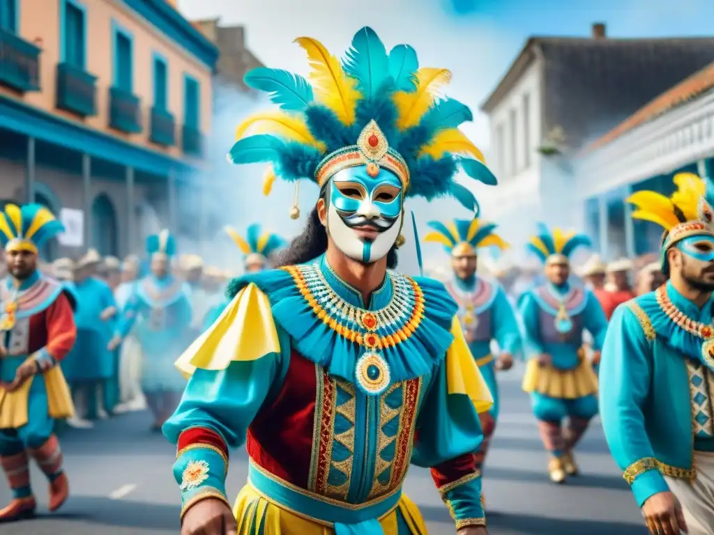 Una vibrante pintura acuarela de un desfile de Carnaval en Uruguay, con coloridos trajes y músicos