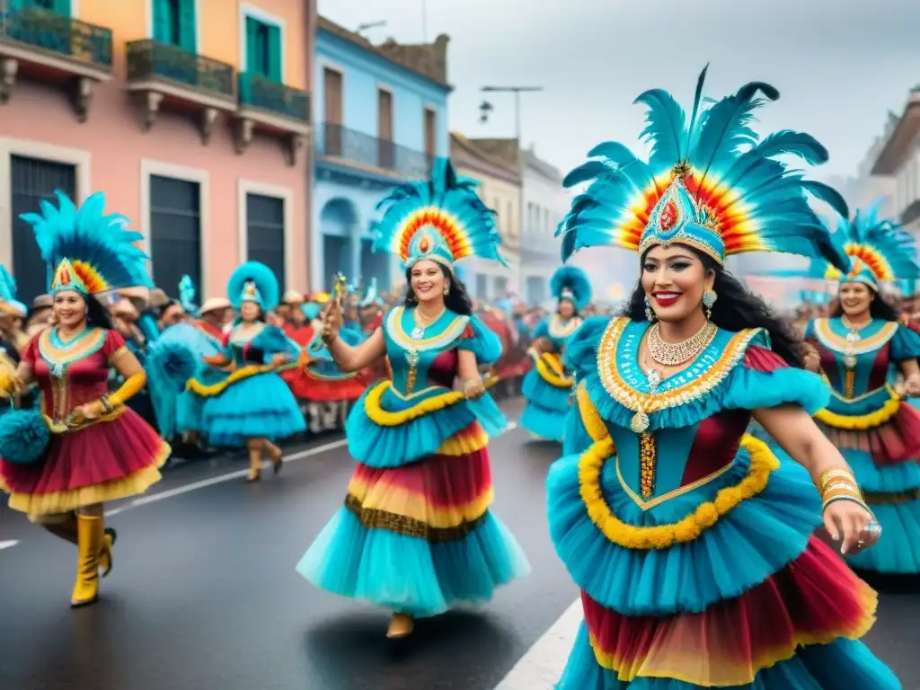 Una vibrante pintura acuarela que muestra un desfile de Carnaval en Uruguay, resaltando la riqueza cultural y festiva