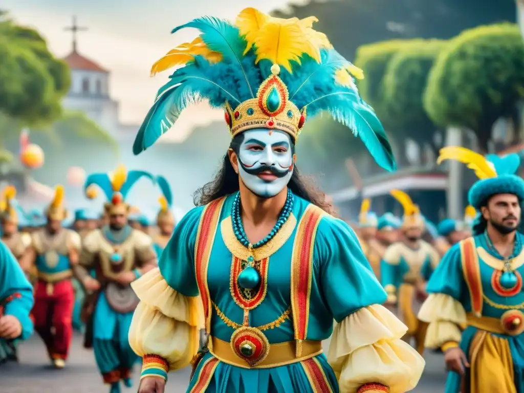 Vibrante pintura acuarela muestra desfile colorido en el Carnaval Uruguayo, influencia música extranjera