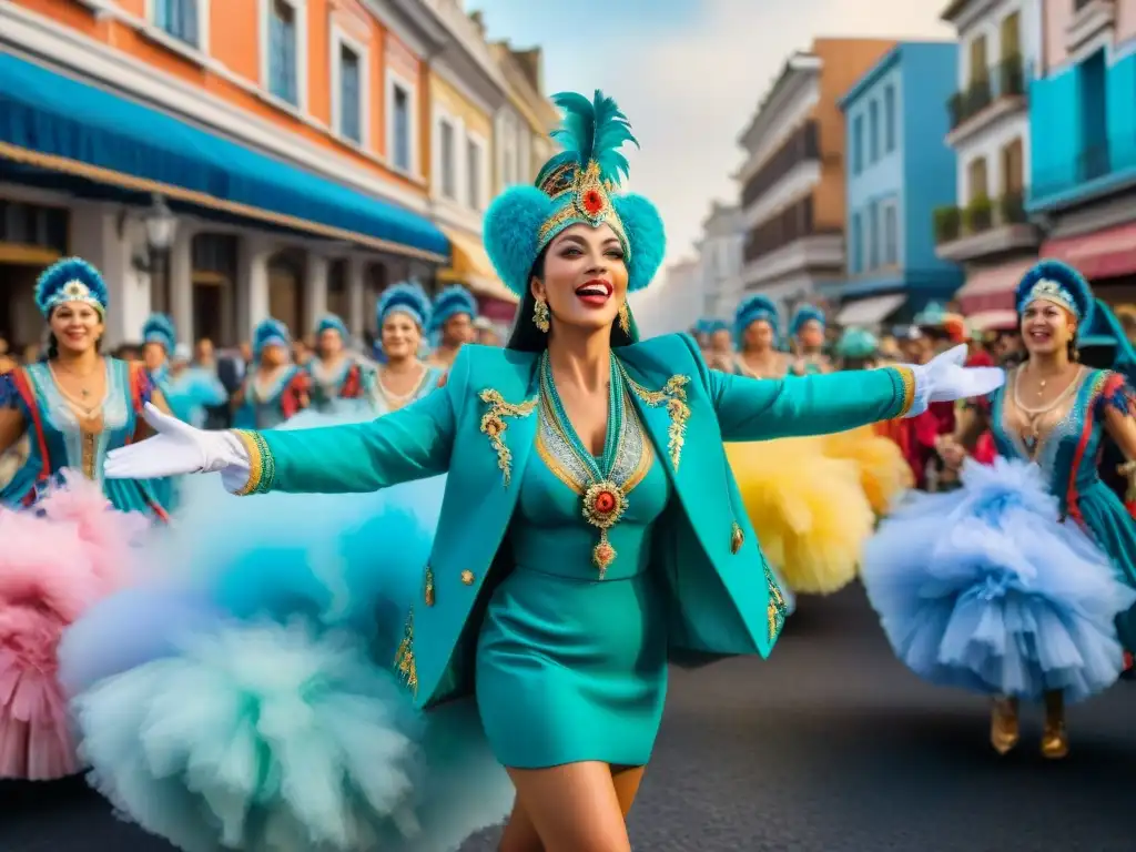 Vibrante pintura acuarela de desfile colorido en Carnaval Uruguayo, detallada y festiva