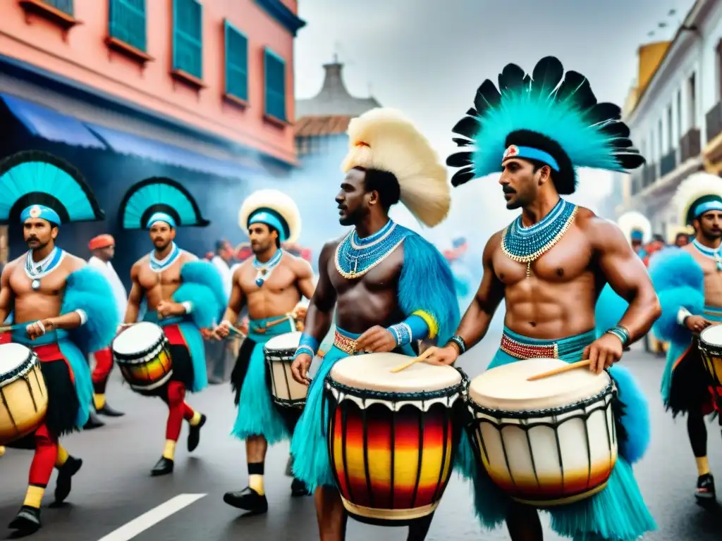 Una vibrante pintura al acuarela que representa un desfile de Candombe en Montevideo, Uruguay