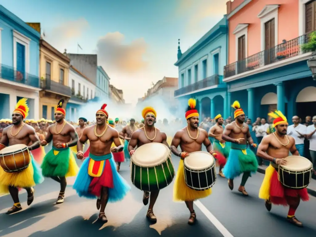 Desfile de Candombe en Uruguay: cultura, comunidad y activismo social Vibrante pintura acuarela de un desfile de candombe en Uruguay, resaltando la importancia del candombe en Uruguay