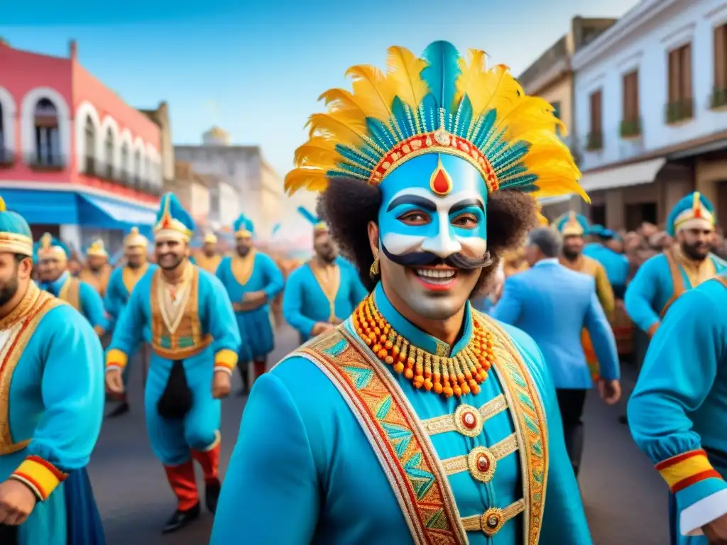 Vibrante pintura acuarela de Desfile de Llamadas en Carnaval Uruguay, con trajes coloridos y danzas alegres cerca de mejores alojamientos