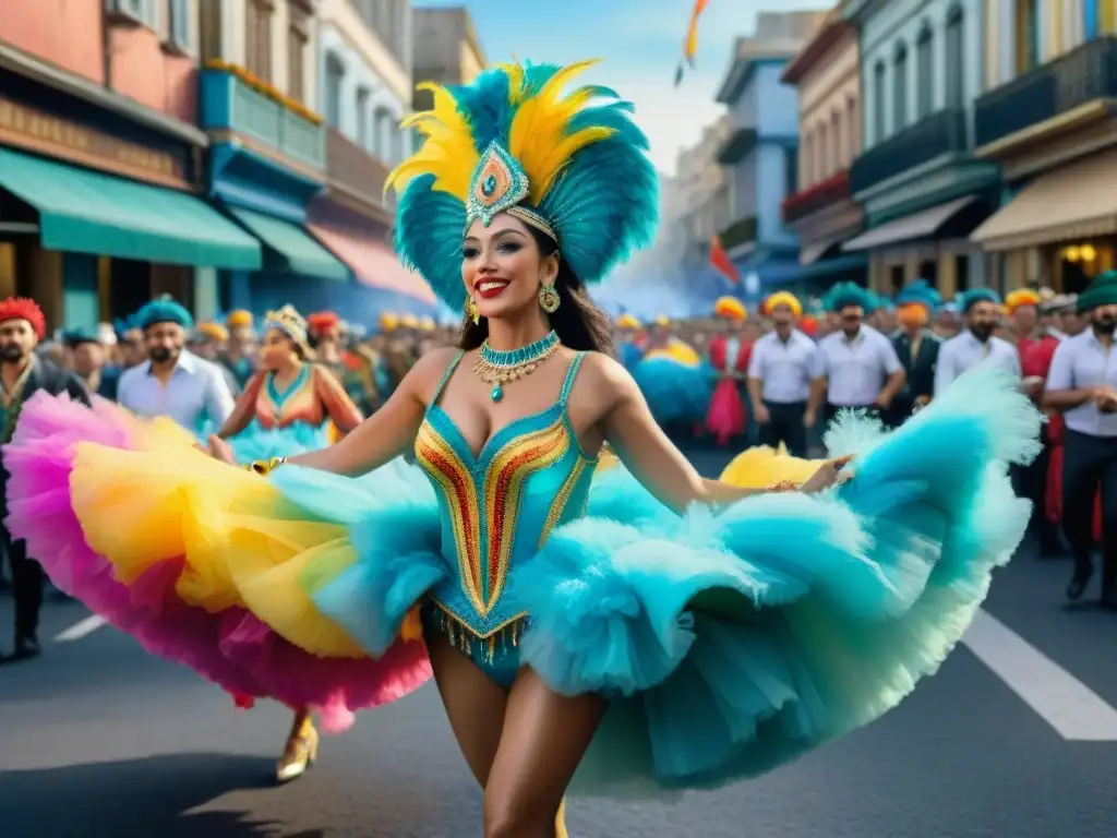 Vibrante pintura acuarela de Desfiles legendarios Carnaval Uruguayo en Montevideo