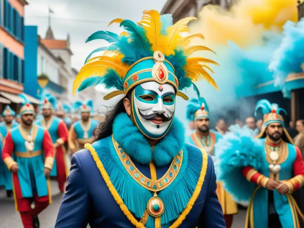 Una vibrante pintura acuarela detallada de un desfile de Carnaval en Uruguay con figuras icónicas