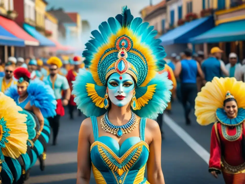 Vibrante pintura acuarela de la esencia del Carnaval Uruguayo 2023: carrozas detalladas, artistas y espectadores inmersos en la festividad