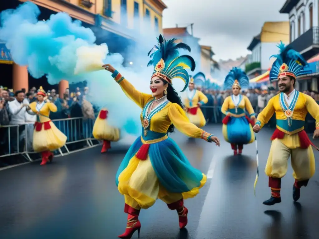 Una vibrante pintura acuarela que captura la experiencia completa del Carnaval Uruguayo, con desfiles, música y coloridos trajes