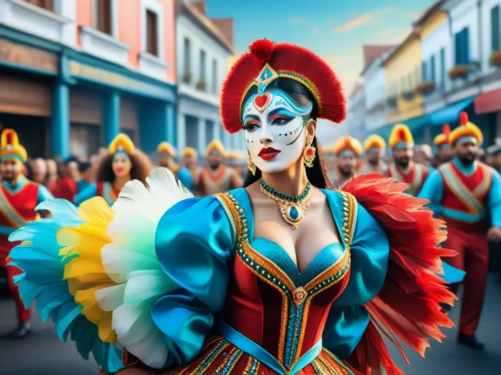 Una vibrante pintura acuarela que muestra la historia de la danza en el Carnaval Uruguayo