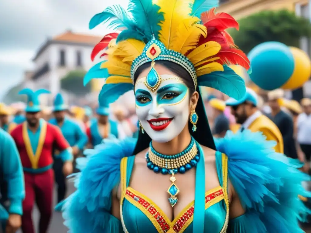 Una vibrante pintura acuarela del icónico Carnaval Uruguayo, con figuras icónicas y coloridas en desfile por las calles festivas