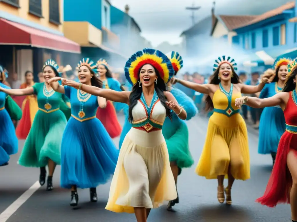 Vibrante pintura acuarela del impacto del Carnaval Uruguayo diáspora: gente diversa bailando juntos con trajes coloridos en una celebración alegre