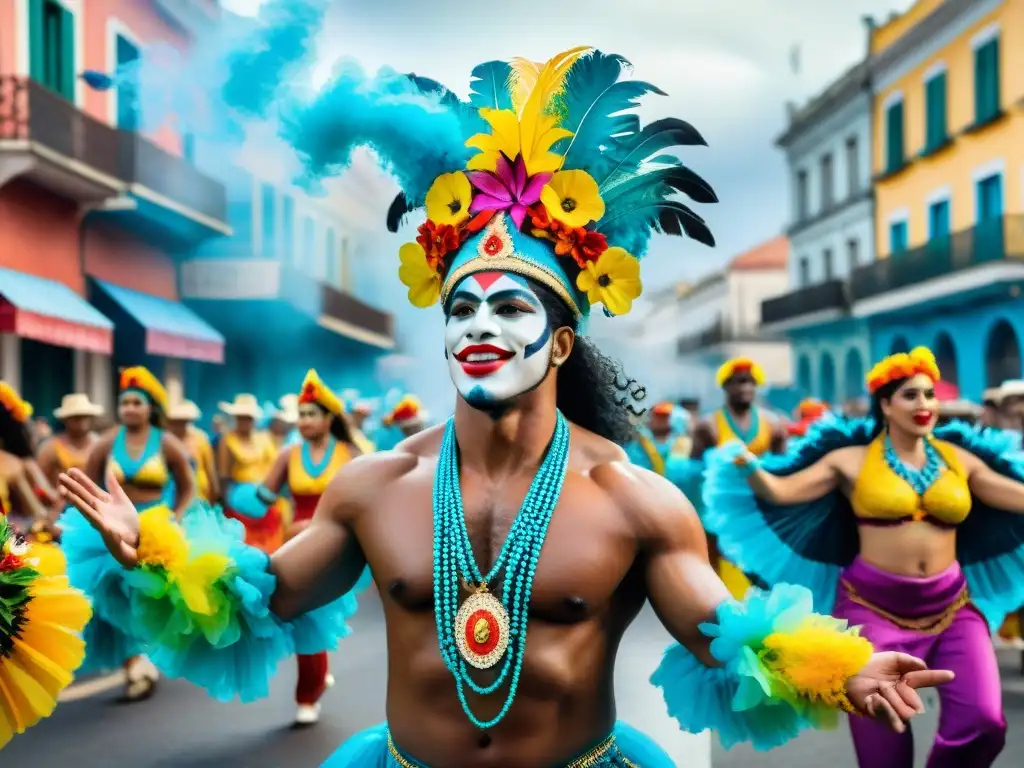 Una vibrante pintura acuarela que muestra la influencia caribeña en el Carnaval Uruguayo, con desfile colorido y alegre