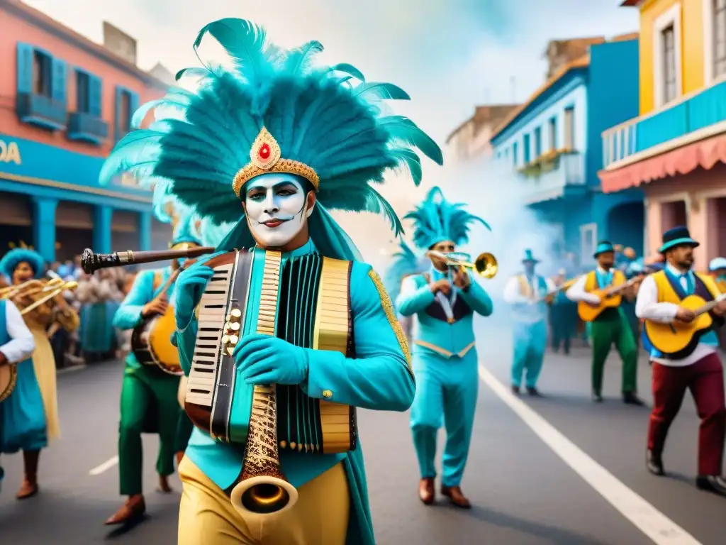 Vibrante pintura acuarela de Instrumentos reciclados Carnaval Uruguayo: músicos alegres, festividad colorida y detalles únicos