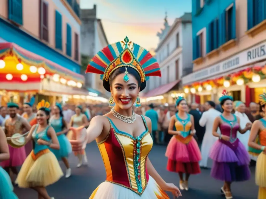 Deslumbrante carnaval en Montevideo: jóvenes artistas en trajes vibrantes Vibrante pintura acuarela de jóvenes talentos del Carnaval Uruguayo bailando en las calles de Montevideo