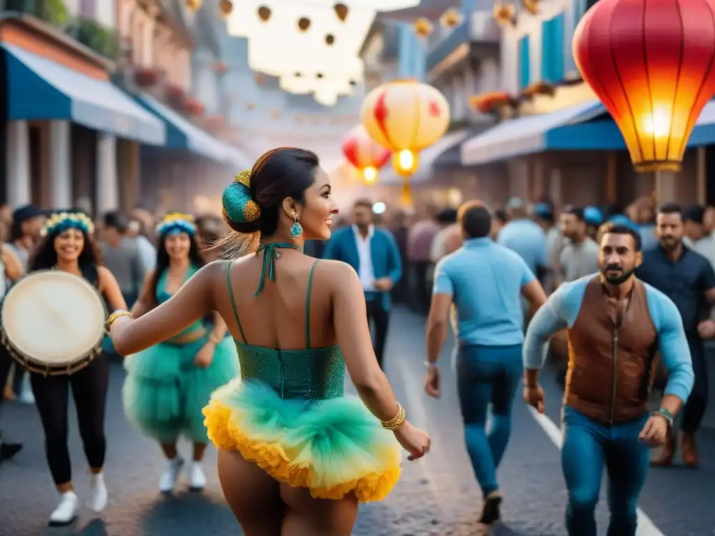 Una vibrante pintura acuarela que captura momentos mágicos del Carnaval en Uruguay