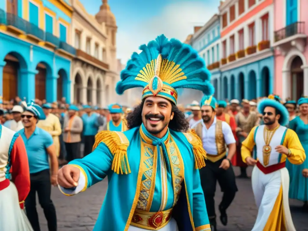 Vibrante pintura acuarela de murgas uruguayas durante el Carnaval, destacando la importancia de las murgas uruguayas