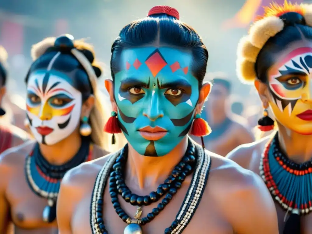 Vibrante pintura acuarela de murgas uruguayas con maquillaje facial y trajes coloridos, reflejando la cultura festiva