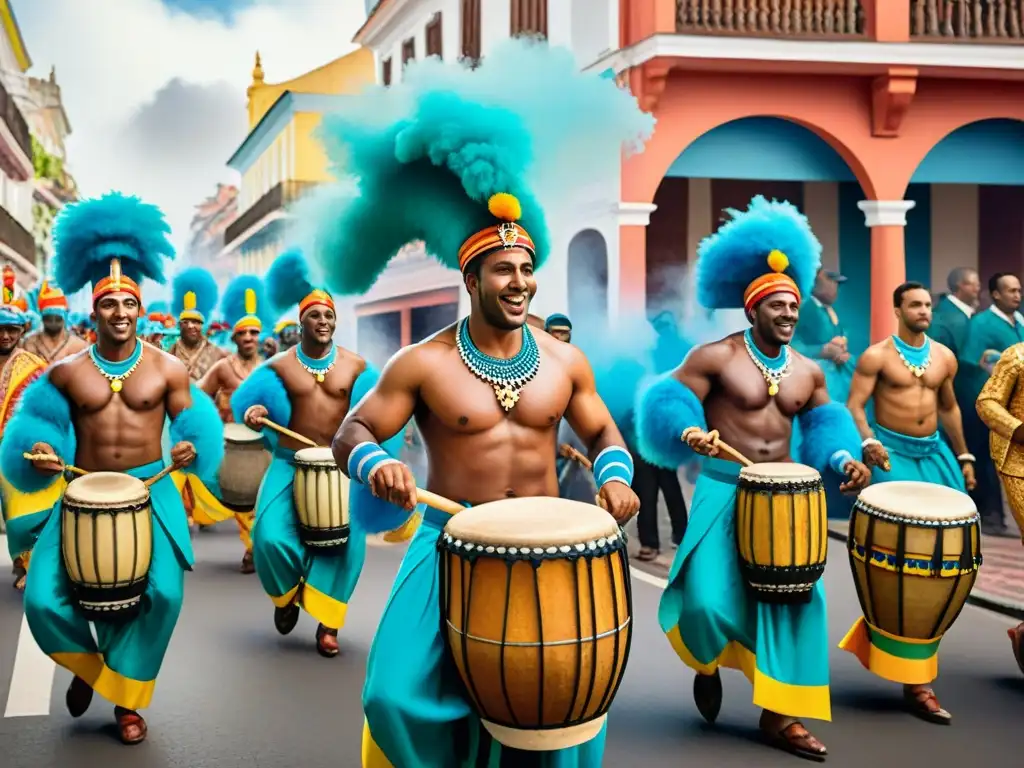 Una vibrante pintura acuarela de músicos AfroUruguayos tocando tambores de Candombe en desfile callejero, rodeados de edificios coloniales y espectadores bailando