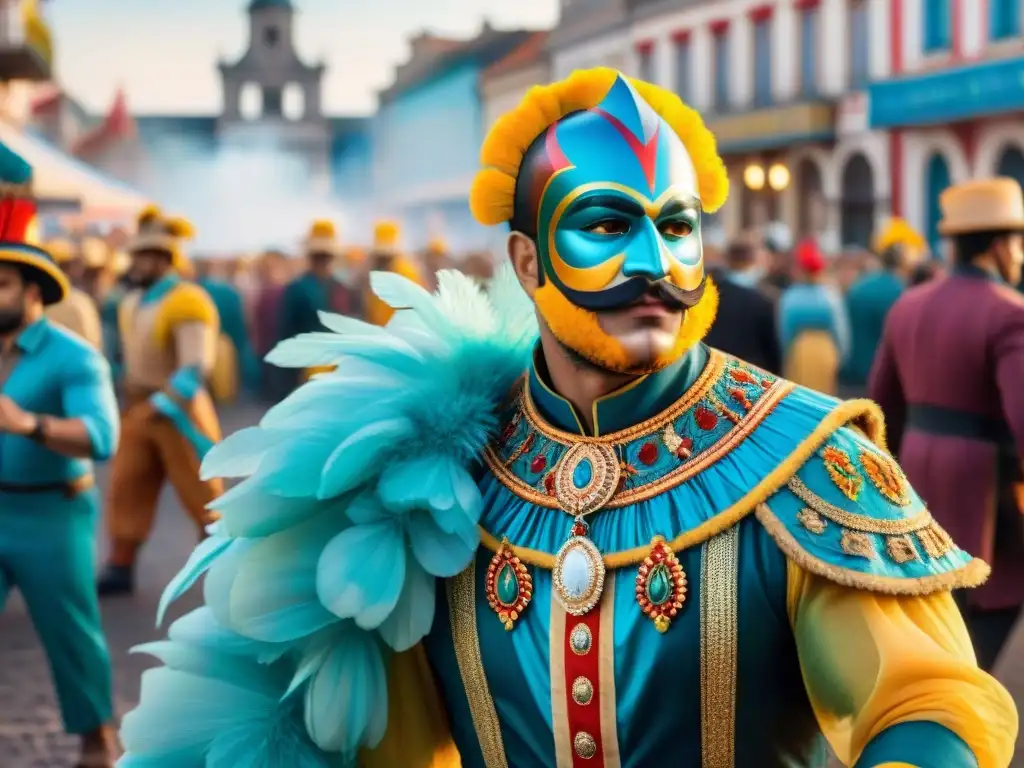 Vibrante pintura acuarela del origen y evolución del Carnaval Uruguayo en una plaza histórica