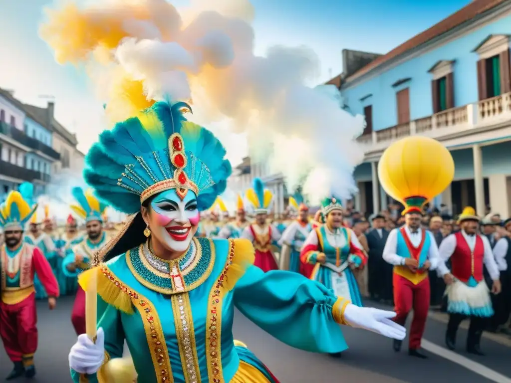 Una vibrante pintura acuarela que muestra la Ruta del Tambor en el Carnaval Uruguayo, con comparsas coloridas y tamboriles