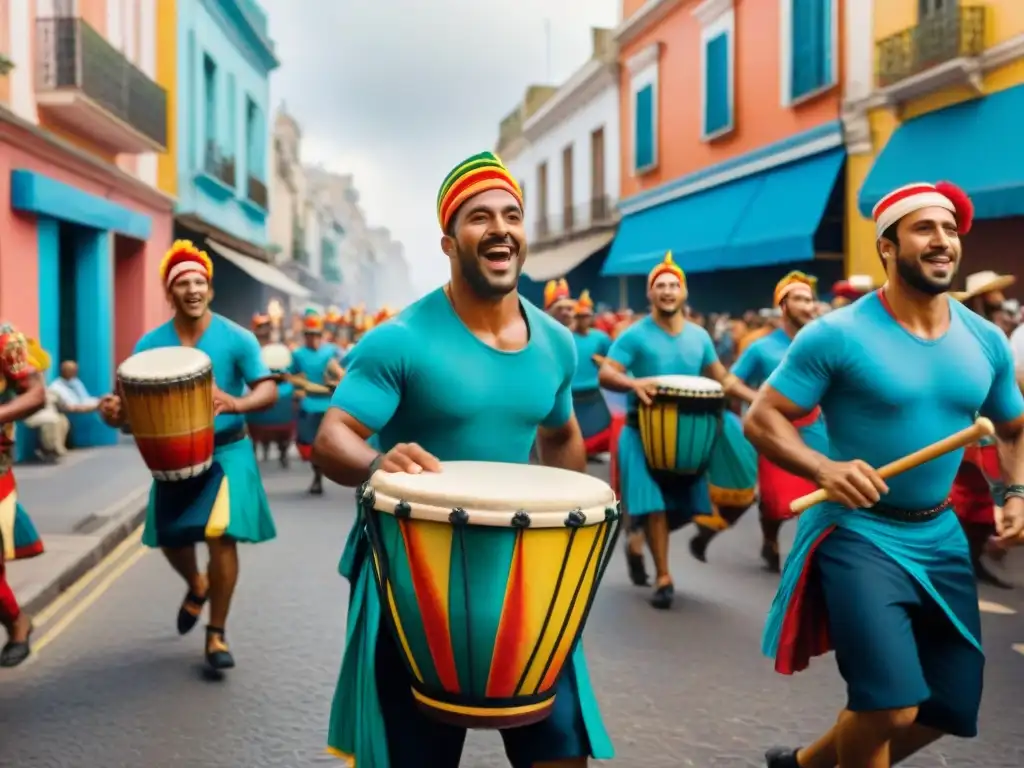 Una vibrante pintura acuarela que muestra la tradición del candombe en redes, con músicos y colores vibrantes en Montevideo, Uruguay