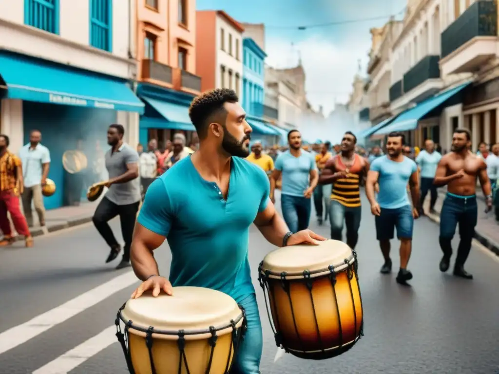 Una vibrante pintura acuarela que muestra la vida en las calles de Montevideo, Uruguay, durante una sesión de tambores de Candombe