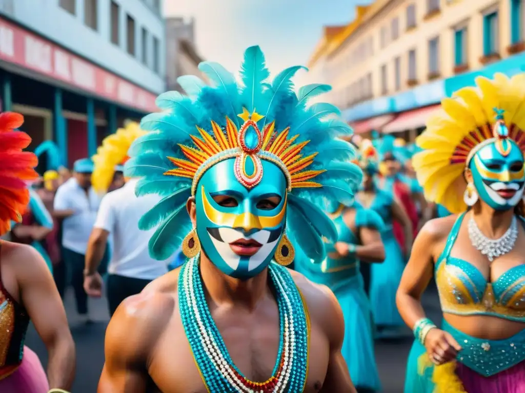 Vibrante pintura acuarela de la vida urbana durante el Carnaval Uruguayo: colores, música y baile