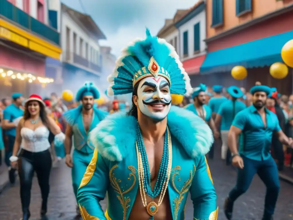 Vibrante pintura al agua del Carnaval Uruguayo, con coloridos trajes, música y bailes