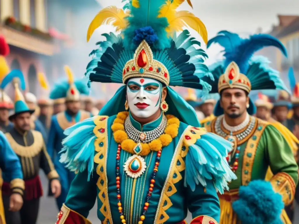 Vibrante pintura al agua del Carnaval Uruguayo con detallados bailarines en trajes antiguos