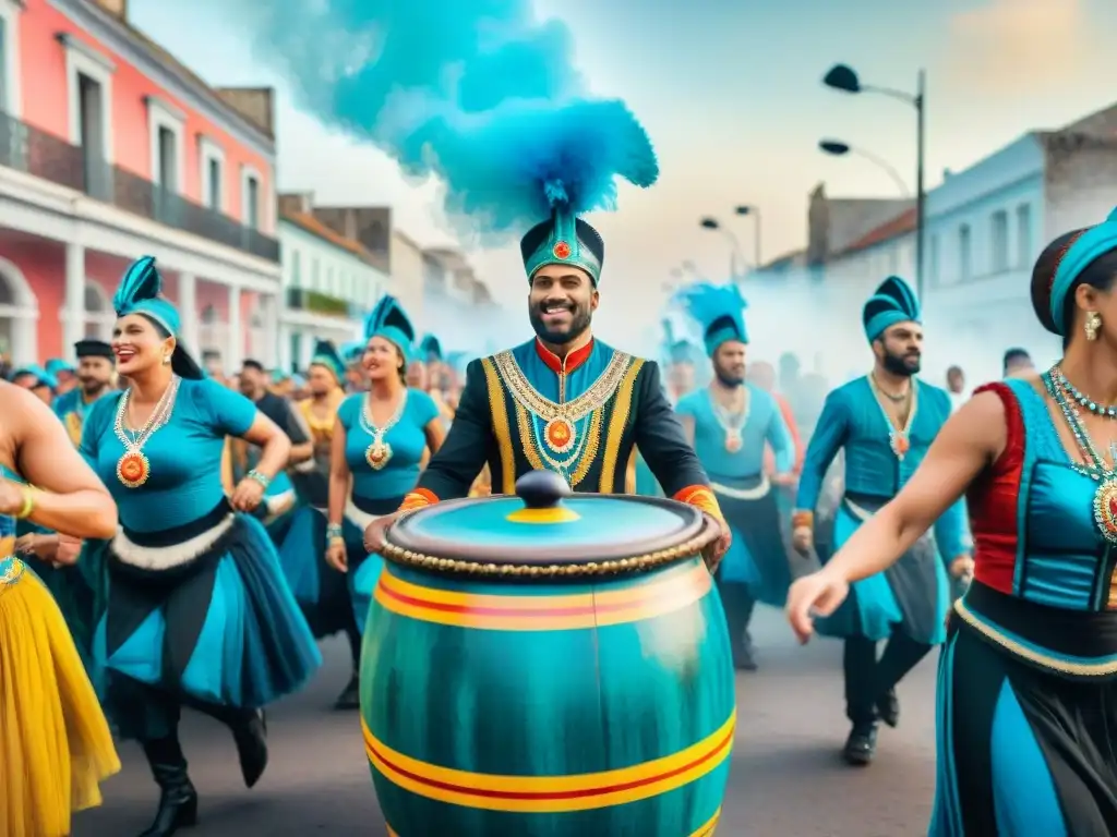 Una vibrante pintura acuarela 8k del Carnaval en Uruguay, con gente diversa bailando alrededor de una cazuela tradicional