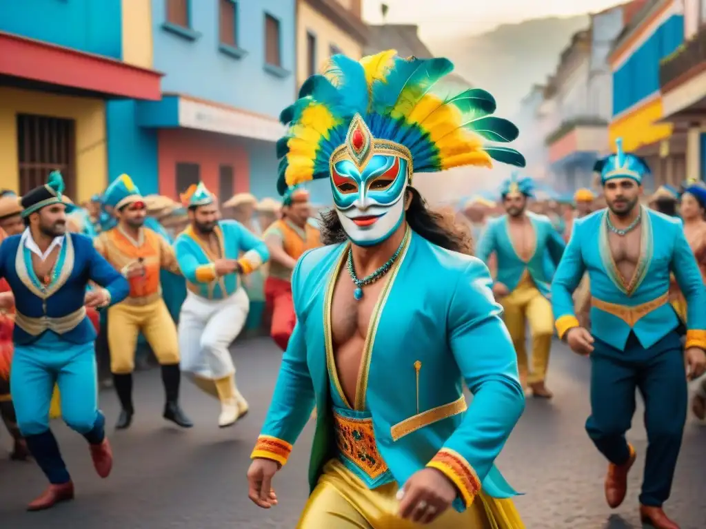 Vibrante pintura de Carnaval Uruguayo con danza y música uruguaya integradas