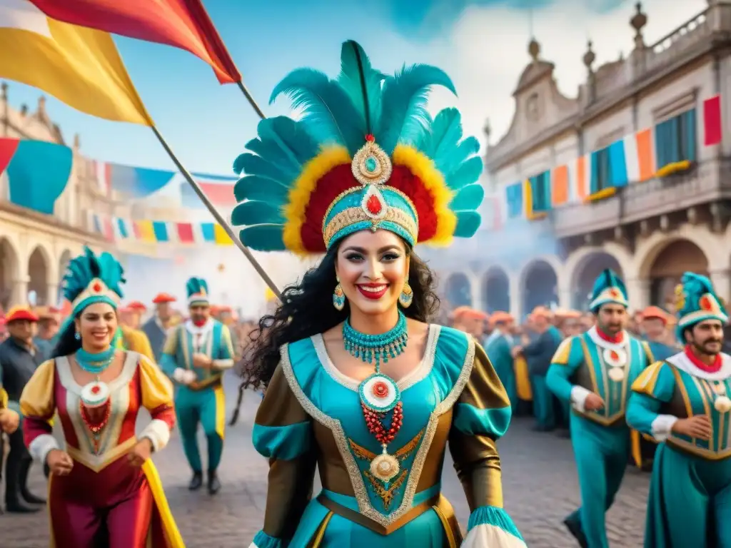 Vibrante pintura acuarela detallada del Carnaval Uruguayo, historia y alegría en antiguas fotografías